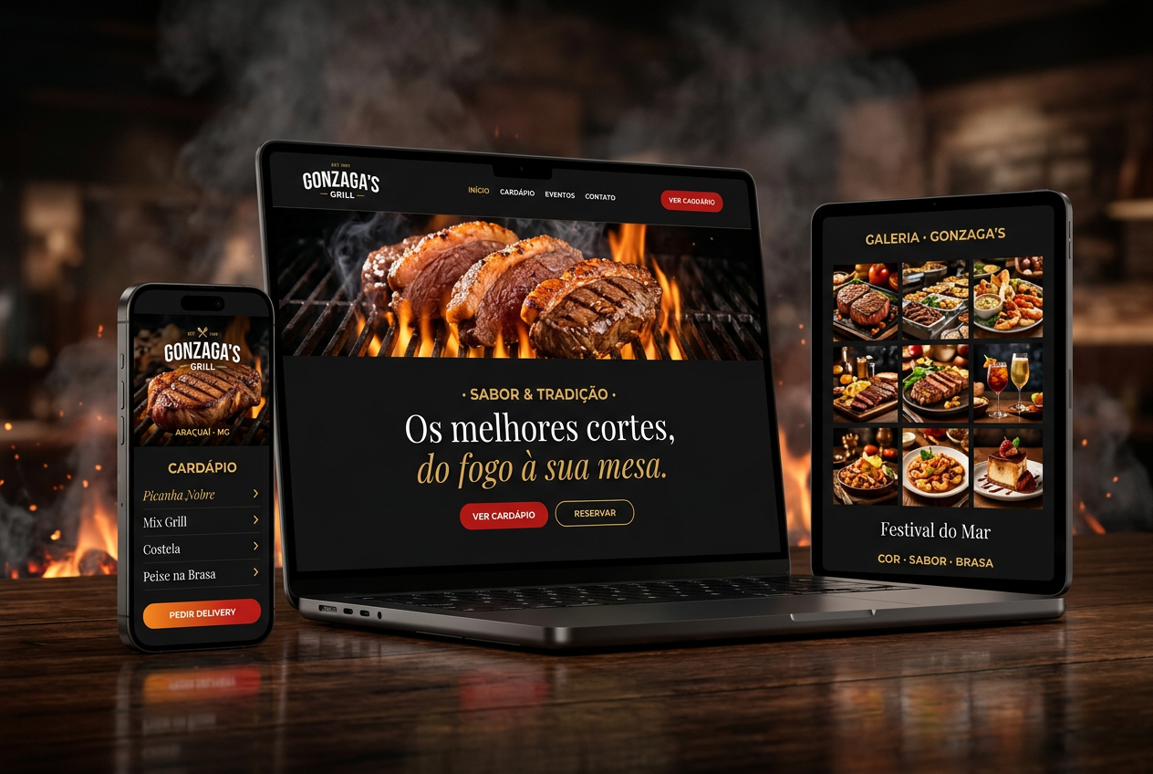 iPhone, MacBook e iPad mostrando o site Gonzaga's Grill