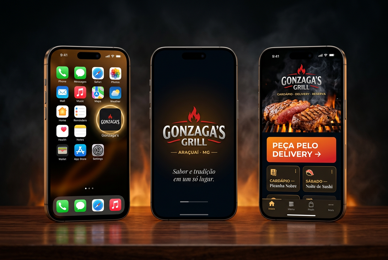 Três iPhones mostrando o app do Gonzaga's: ícone na tela inicial, splash com a logo e o app aberto com o botão de delivery